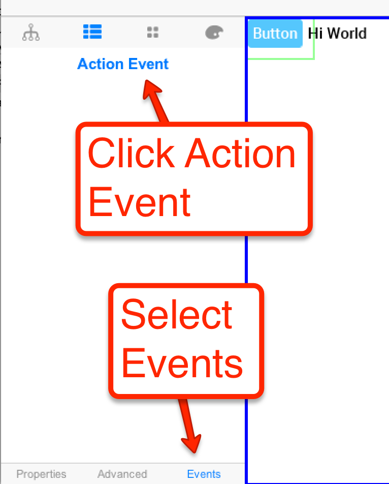 The events tab is listed below supported event types can be bound above