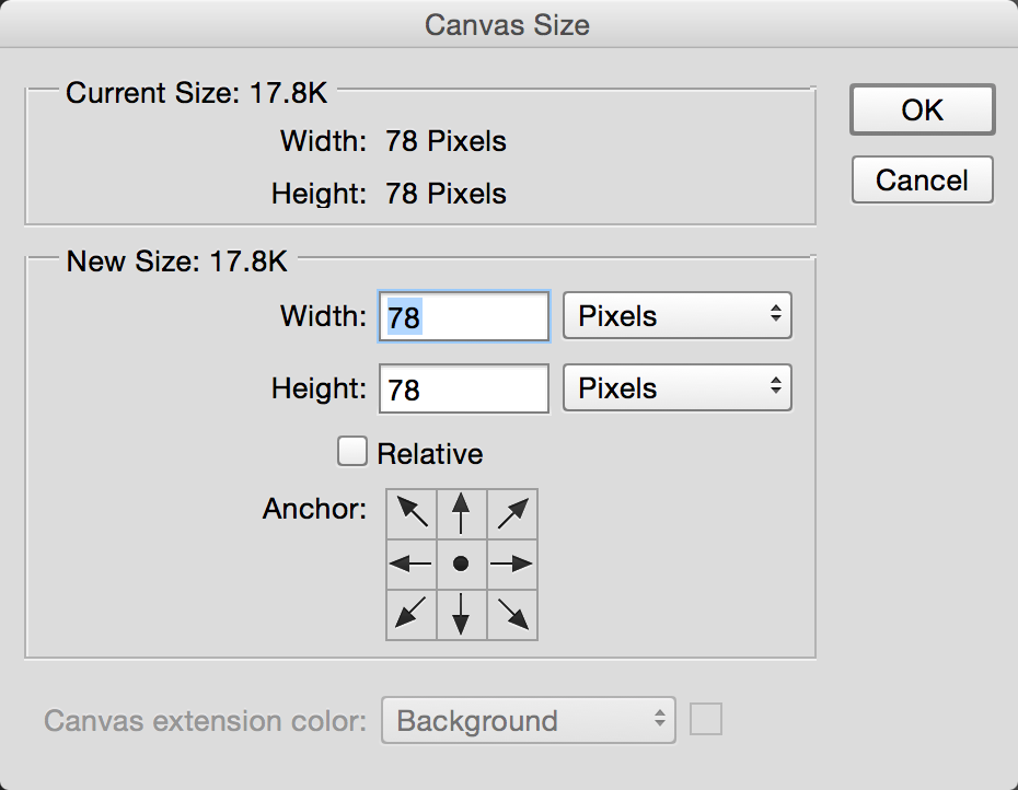 The canvas size dialog for the camera.png file