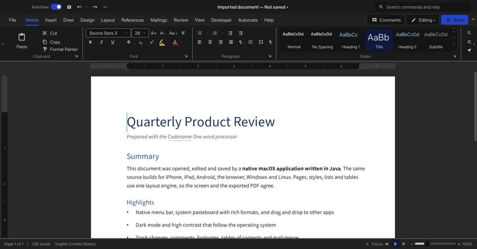 The Codename One word processor in dark mode