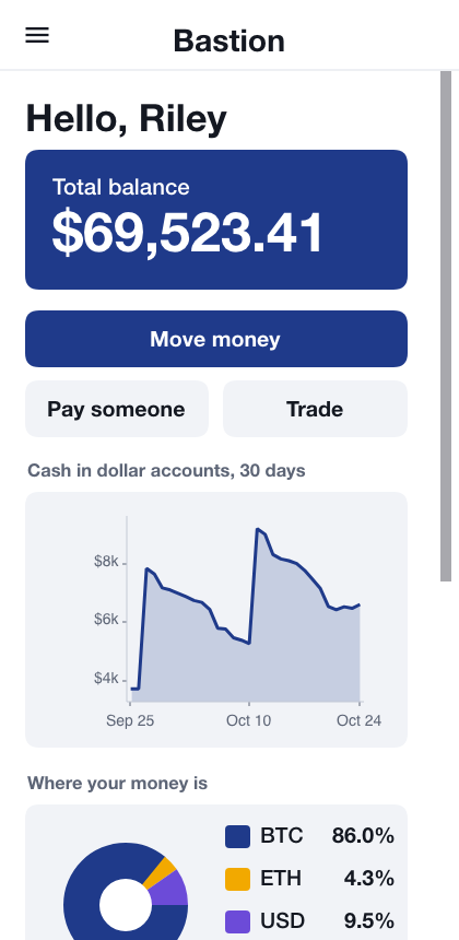 The dashboard with the total balance, buttons to move money, pay someone and trade, and the checking account