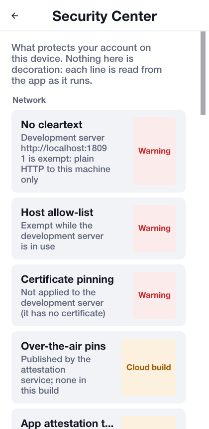 The Security Center listing network protections with Warning and Cloud build badges