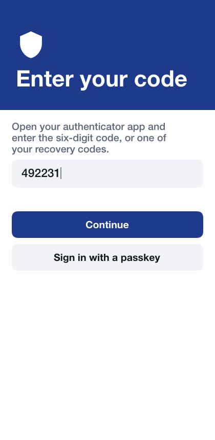 The second step of signing in, asking for the six-digit code from the authenticator app