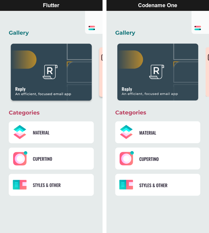 The Flutter Gallery home screen rendered by Flutter and by Codename One