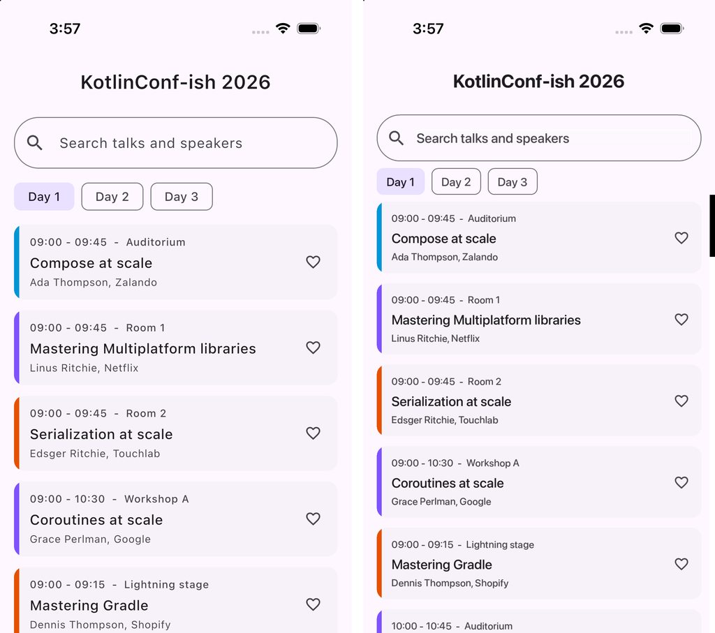 The Keynote schedule screen rendered by Compose Multiplatform (left) and by Codename One (right)