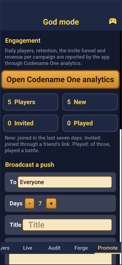 The Promote tab on a phone: the analytics button, the player numbers and the push form with its audience, days and title