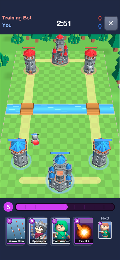 A Skirmish battle with towers, troops and a hand of cards
