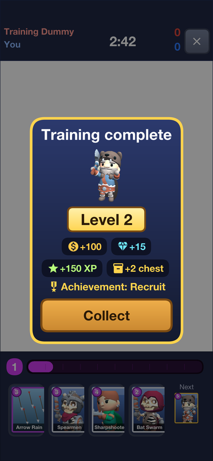 A reward popup: Training complete, a level-up badge, coins, gems, experience and a chest, and the achievement unlocked